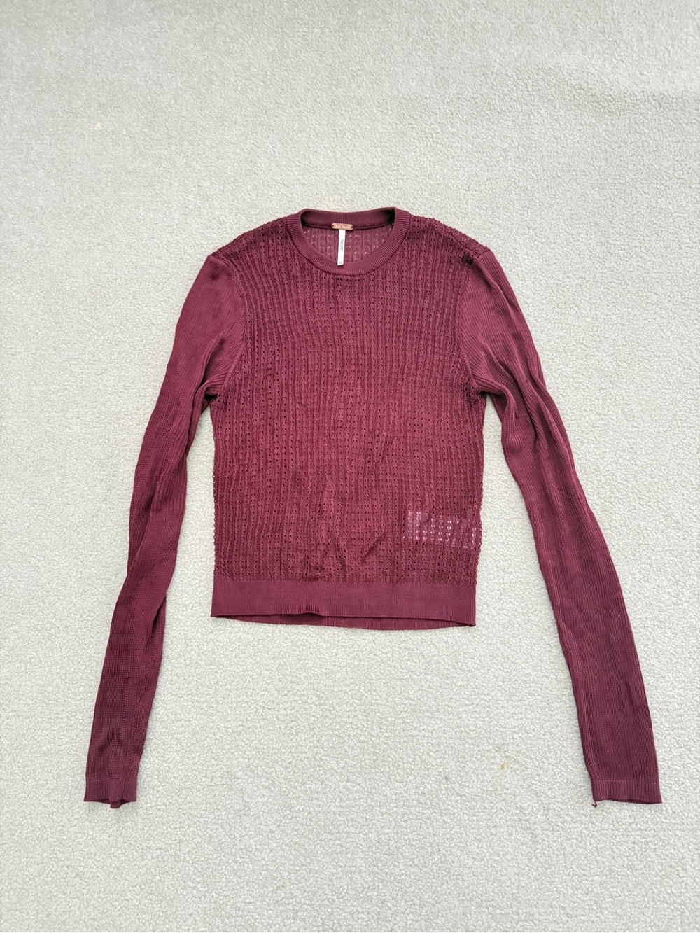 Free People Maroon Open-Knit Crewneck Sweater